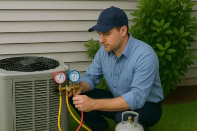 A Frew HVAC technician kneeling down to replace refrigerant in an outdoor AC unit